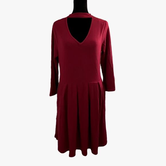 Burgundy Choker Collar Drop Waist Tunic Dress Pleated With Pockets Size Small - Picture 1 of 11
